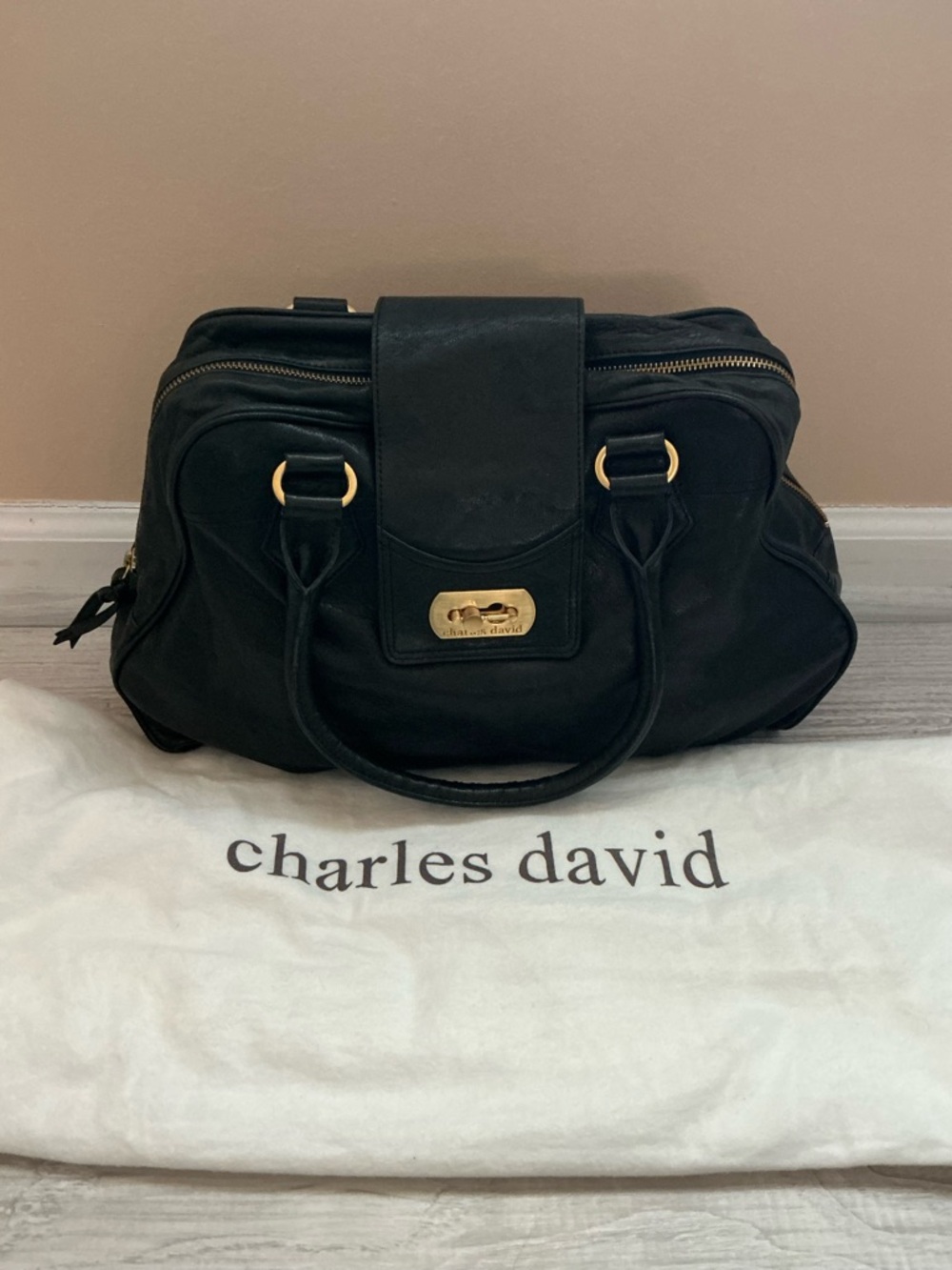 Charles David Black Leather Satchel with Gold Hardware